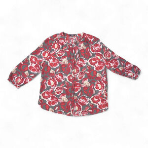 NYDJ Red Rose Pleated V-Neck Button-Down Blouse Sz M | 3/4 Sleeve, Romantic Chic